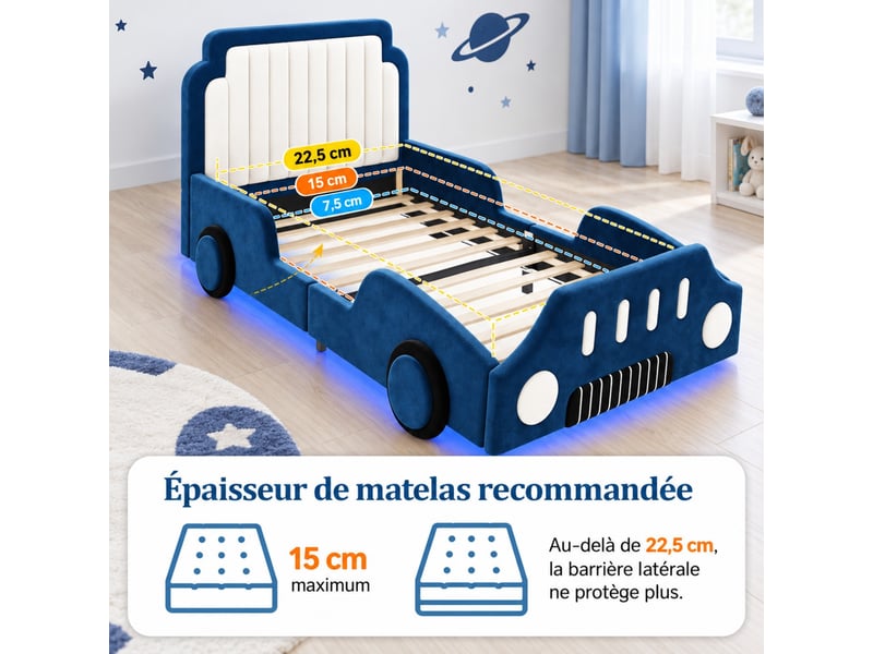 Lit enfant voiture 90x200 cm en velours, avec barrière de sécurité et éclairage led, bleu - Conforama D