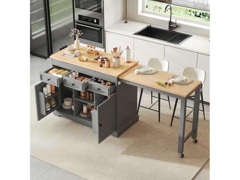  Desserte de cuisine mobile avec 2 portes, 3 tiroirs, rangement ouvert et plateau extensible pour cuisine en mdf gris  - Conforama E