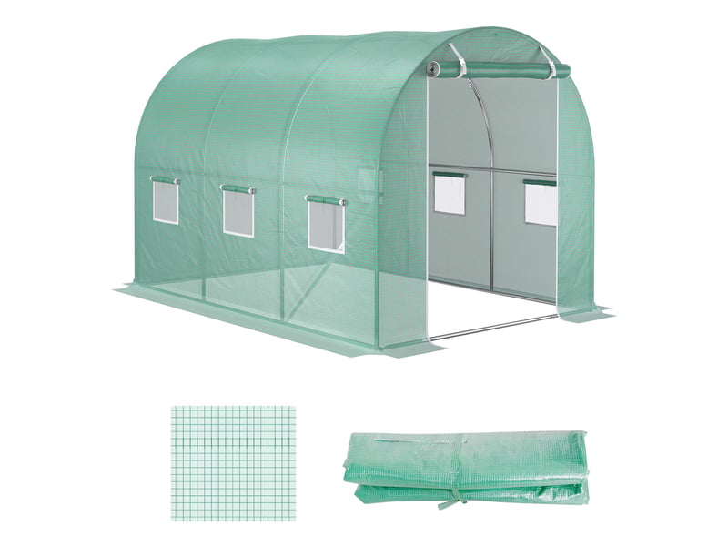  Bâche de rechange serre tunnel 6 m², bâche 3 x 2 x 2 m pe anti-uv imperméable 6 fenêtres + porte enroulable zippée vert  - Conforama B