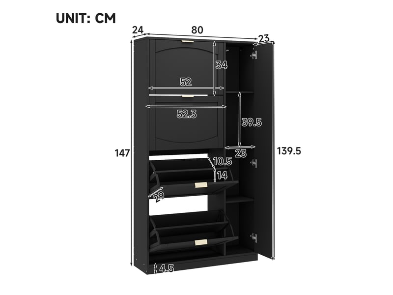  Meuble à chaussures avec miroir, 4 compartiments pliants et étagère réglable pour entrée, noir, 80 × 147 × 24 cm  - Conforama C