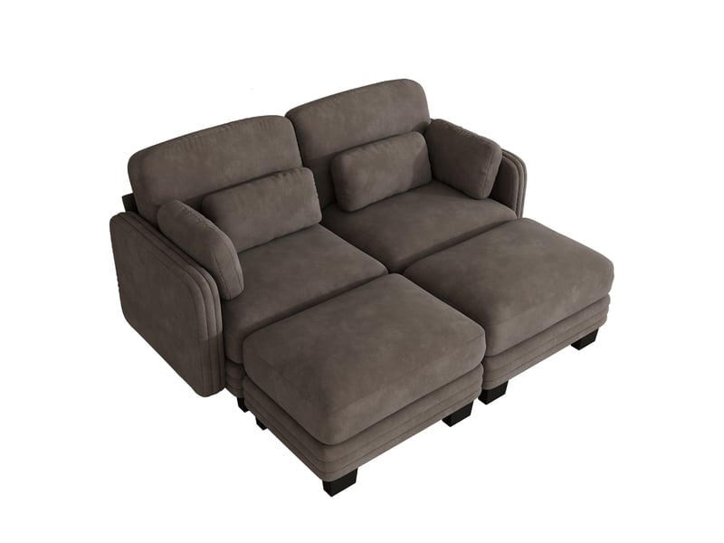  Canapé droit modulable 176 cm 2 places avec 2 poufs, coussins d’accoudoir amovibles, coussins lombaires épais à soutien renforcé, chenille, brun café  - Conforama A