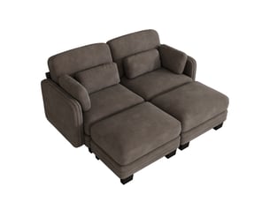 Canapé droit modulable 176 cm 2 places avec 2 poufs, coussins d’accoudoir amovibles, coussins lombaires épais à soutien renforcé, chenille, brun café