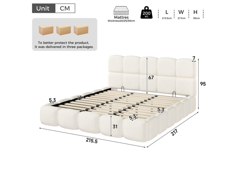 Lit double rembourré 200x200 cm, mécanisme hydraulique, sommier lattes, tête de lit et grand rangement, blanc bouclé - Conforama C