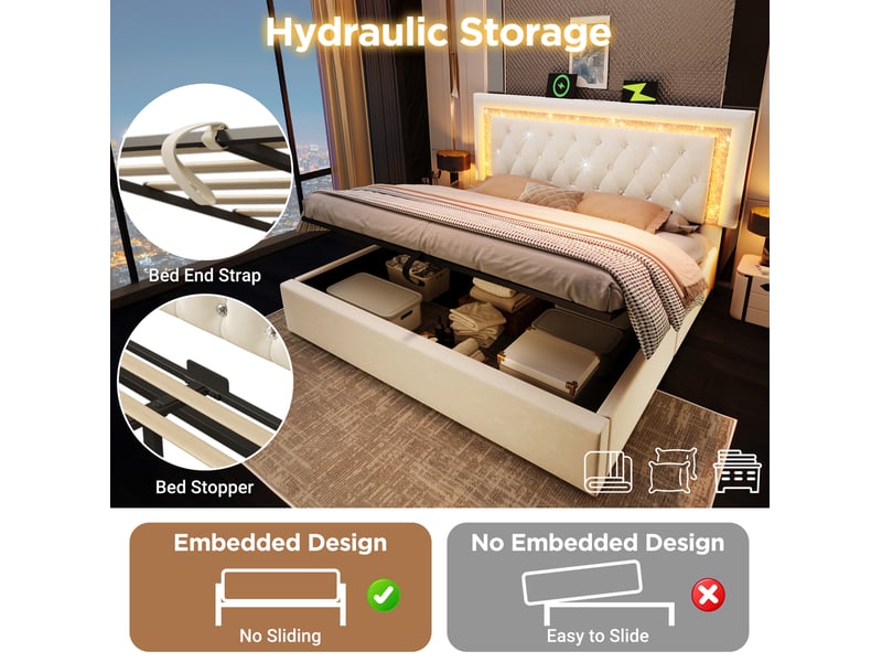  Lit coffre 160 × 200 cm 2 places avec led réglable, usb et type-c, matelas inclus, velours beige  - Conforama E