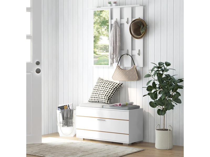  Ensemble de meubles d'entrée avec porte-manteau, miroir, banc avec coussins et étagère à chaussures pour 8 paires de chaussures, blanc  - Conforama D