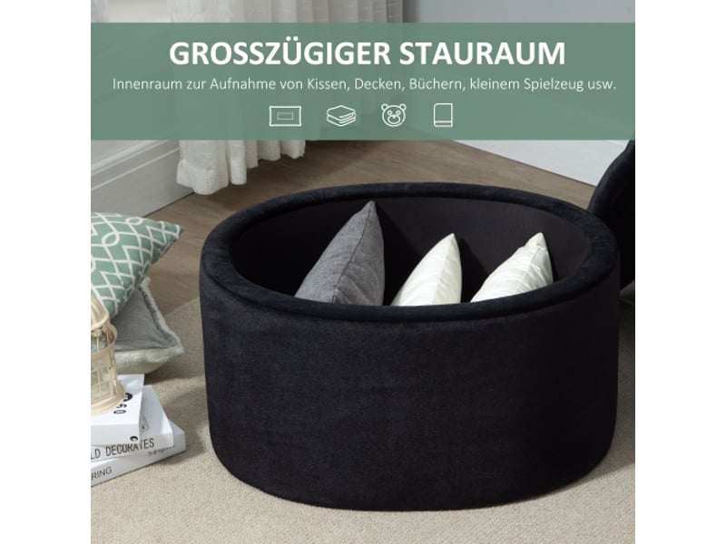  Banc coffre noir ovale 71x52x42 cm, rembourré en polyester effet velours, bois d’hévéa  - Conforama E