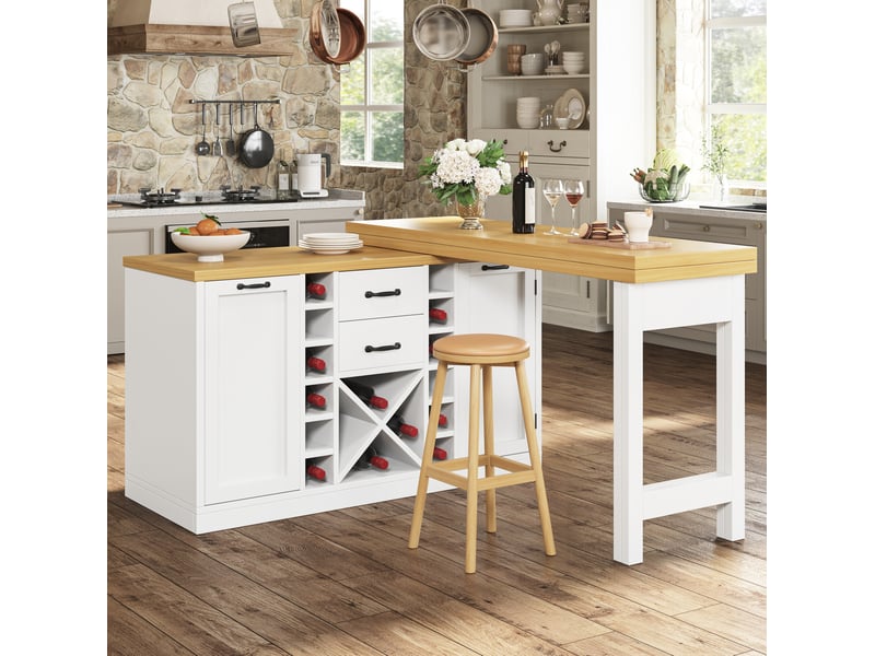 Îlot de cuisine pivotant à 360° avec rangements, 120 à 223 cm, blanc - Conforama C