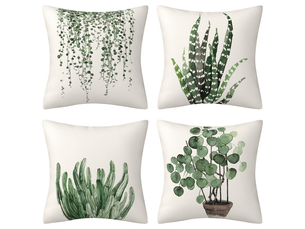 Housse de coussin feuilles 45 x 45 cm plante verte botanique polyester lin décoratif taie d'oreiller pour canapé salon chambre 4 pièces