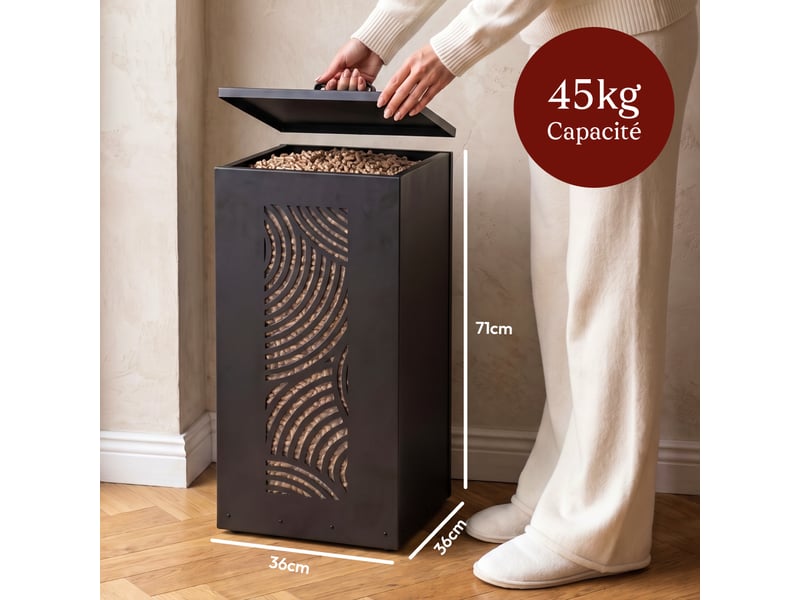  Casabel réservoir pellets &amp; granulés avec roulettes, cap. 45kg, métal noir, niveau visible, motif zen  - Conforama B