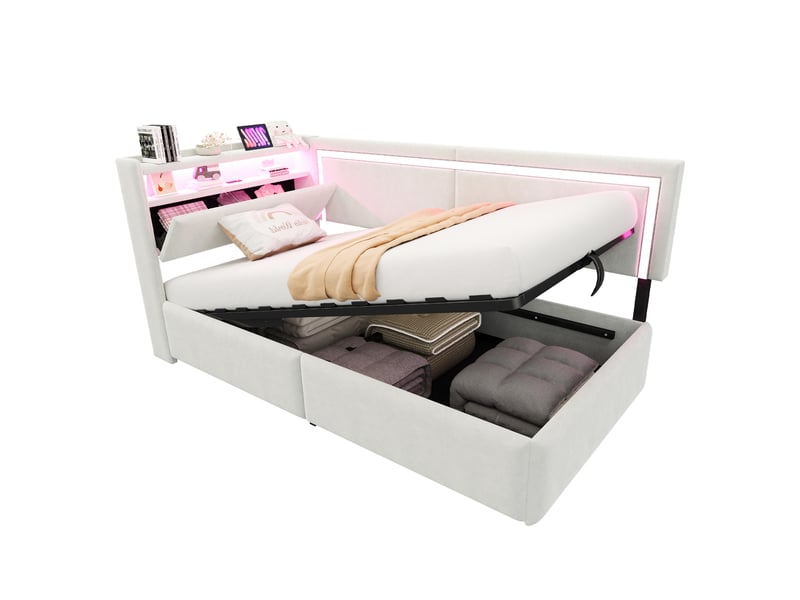  Lit d'appoint 90x200 cm, éclairage led, ports usb, rangement tête de lit et relevage hydraulique, velours beige  - Conforama A