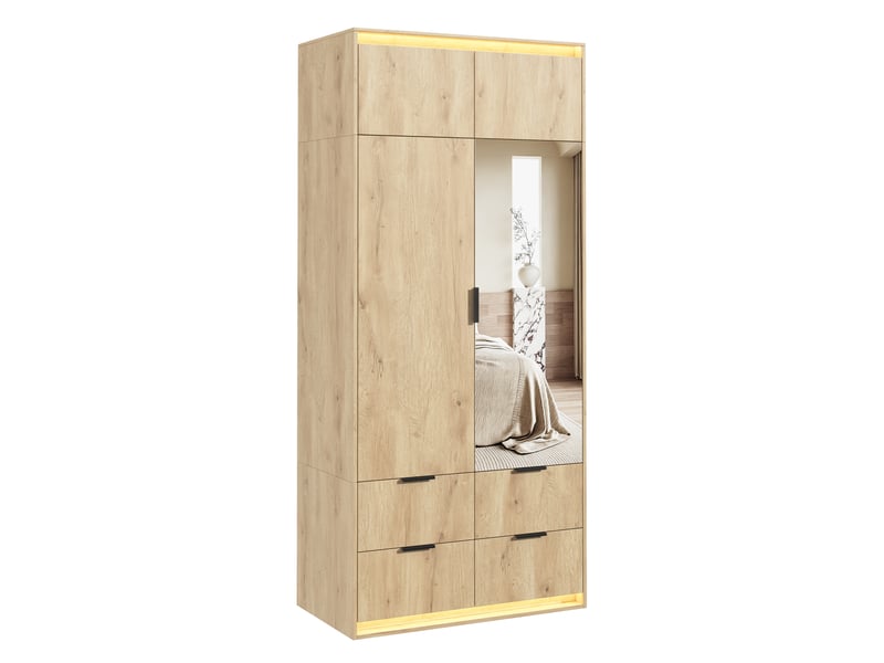  Armoire 2 portes 90x47x200 cm avec miroir et led, penderie avec tringle, 4 tiroirs, mdf, chêne OMNIGLINT TRADING LTD - Conforama A