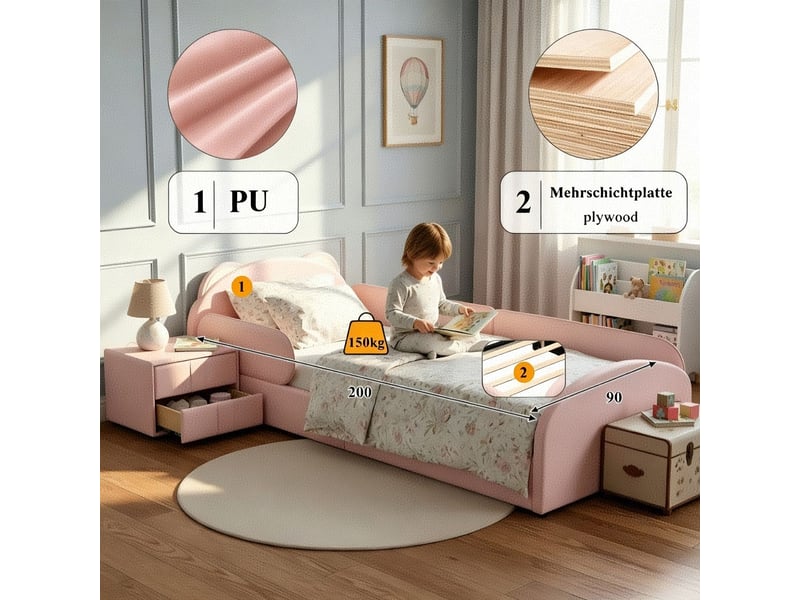  Lit enfant 90 x 200 cm tête de lit en forme d’ours table de chevet assortie bord anti-collision rembourré tête de lit rembourrée velours contreplaqué rose  - Conforama D
