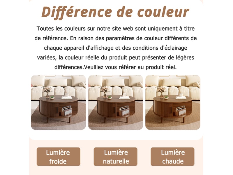  Table basse ronde relevable en mdf – rangement et porte coulissante – noyer – ø 80 cm  - Conforama E