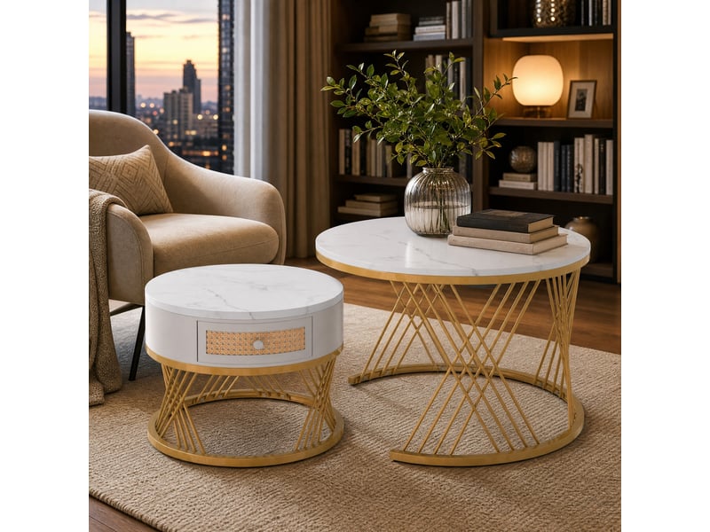  Tables basses gigognes rondes avec 1 tiroir, plateau effet marbre et pieds métalliques dorés en mdf blanches pour salon  - Conforama B