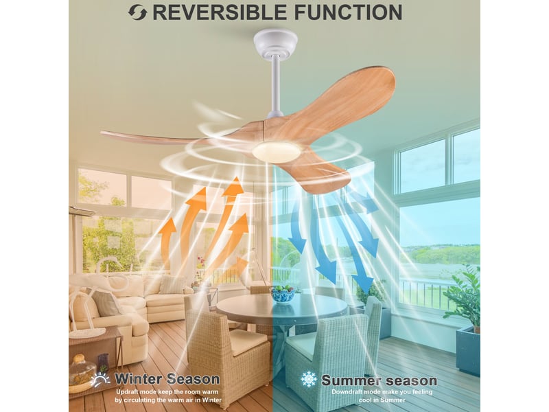 Ventilateur de plafond 107 cm éclairage led 3 couleurs dimmable 3 pales bois massif naturel et blanc réversible 6 vitesses - Conforama B