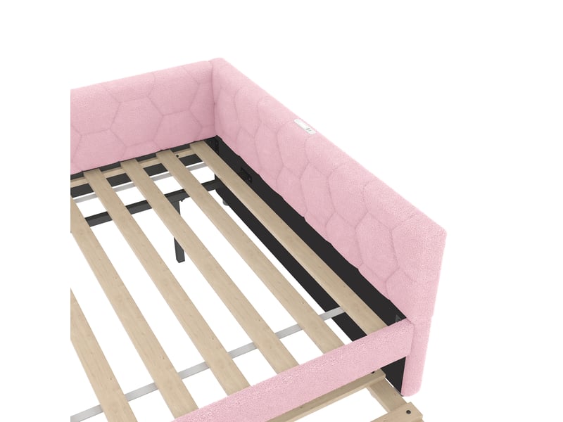 Lit gigogne 90x200 cm, avec tiroir-lit multifonction et ports usb et type-c, avec lattes, en tissu, rose, sans matelas  - Conforama E