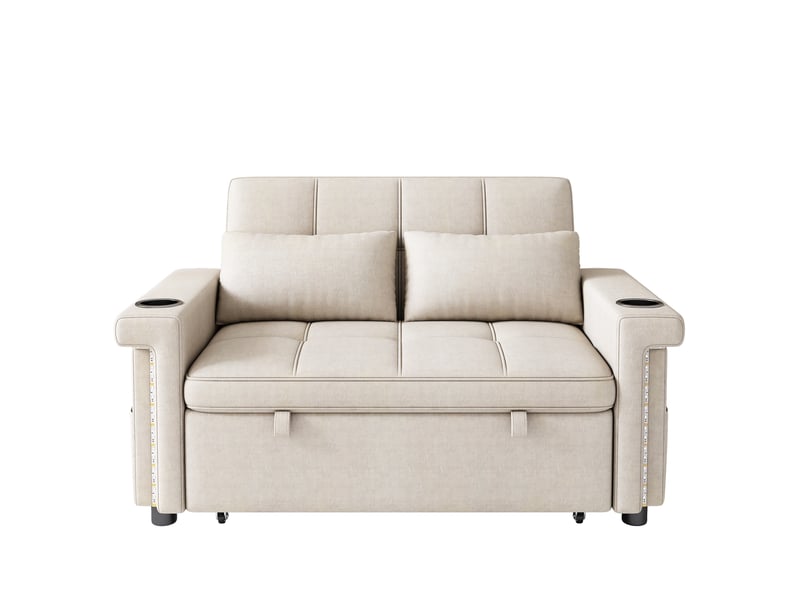 Canapé convertible 2 places 145x141,5 cm avec dossier réglable, led, porte-gobelets et poches, chenille beige Morn Vibe - Conforama A