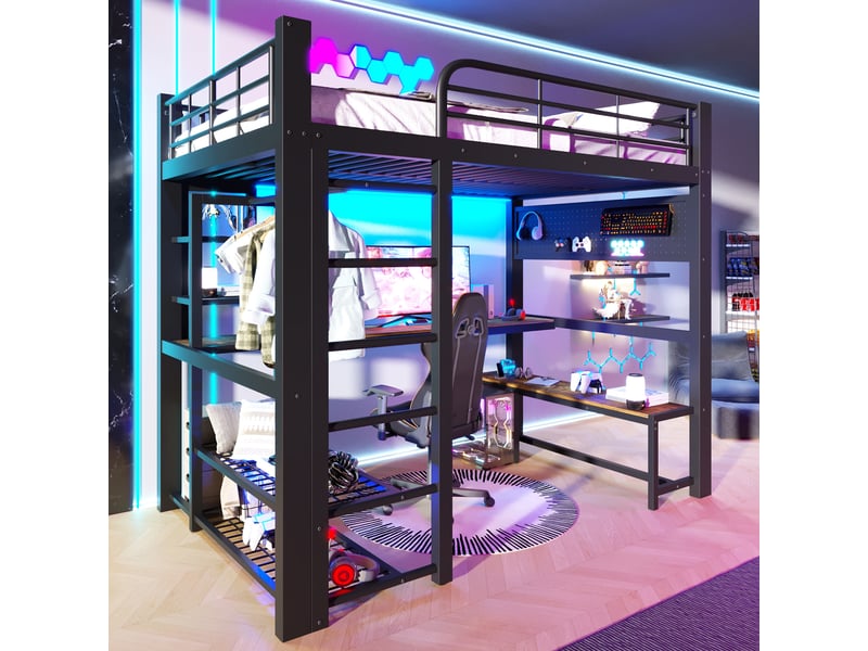  Lit superposé 140x200 cm, lit enfant, bureau, étagères, led, bois et métal noir  - Conforama E