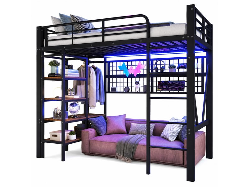  Lit mezzanine 90x200 cm avec éclairage led et rangements en métal et mdf noir  - Conforama A