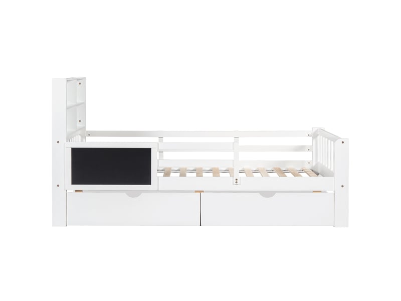  Lit enfant 90x200 cm avec tiroirs et tableau, lit en bois avec sommier à lattes et rangement, sans matelas, blanc  - Conforama R