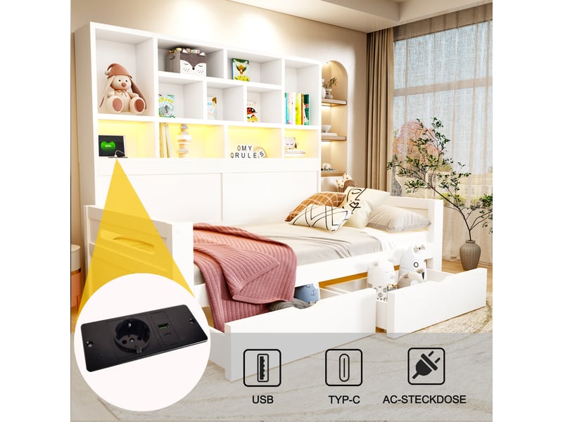 Lit 1 personne 90x200 cm avec rangement - 2 tiroirs - tête de lit led avec prises - étagères - blanc - Conforama E