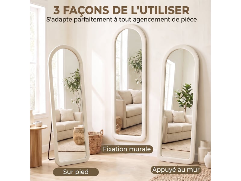  Miroir de sol arqué pleine longueur 160x60cm, grand miroir sur pied ou mural, verre trempé, cadre effet velours, crème  - Conforama R