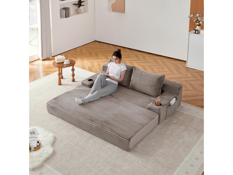  Canapé 2 places convertible - 180x170x62cm - canapé lit pliant 2 en 1 velours côtelé, porte-gobelets, poches - marron  - Conforama C