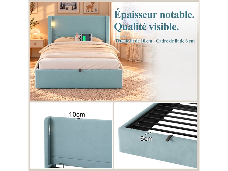 Lit enfant 90 x 200 cm avec coffre hydraulique - velours bleu, sommier inclus, led et usbtype-c  - Conforama W