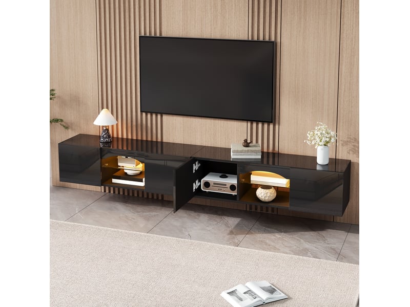  Meuble tv bas modenvie 200 x 30 x 28 cm 4 portes led contrôlée par application noir brillant  - Conforama B
