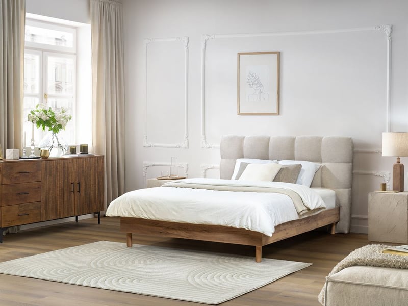  Bobochic lit kumo tissu lisse lattes massives pieds en bois naturel gris clair 140x190 KUMO - Conforama C