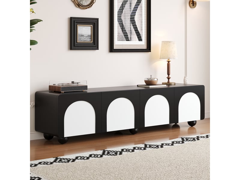  Meuble tv noir et blanc 180x38x45 cm, 2 tiroirs, 2 portes, style classique, rangement pratique  - Conforama B