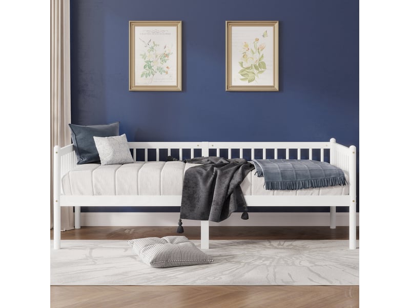 Lit canapé 90x200 cm, 6 pieds, sommier 14 lattes, 3 côtés barrières, rangement sous le lit, bois et contreplaqué, sans matelas - Conforama E