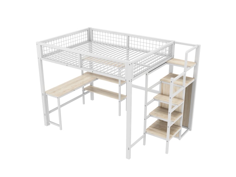 Lit mezzanine métal blanc 140x200 cm avec bureau intégré, étagères et rangement – sans matelas - Conforama A