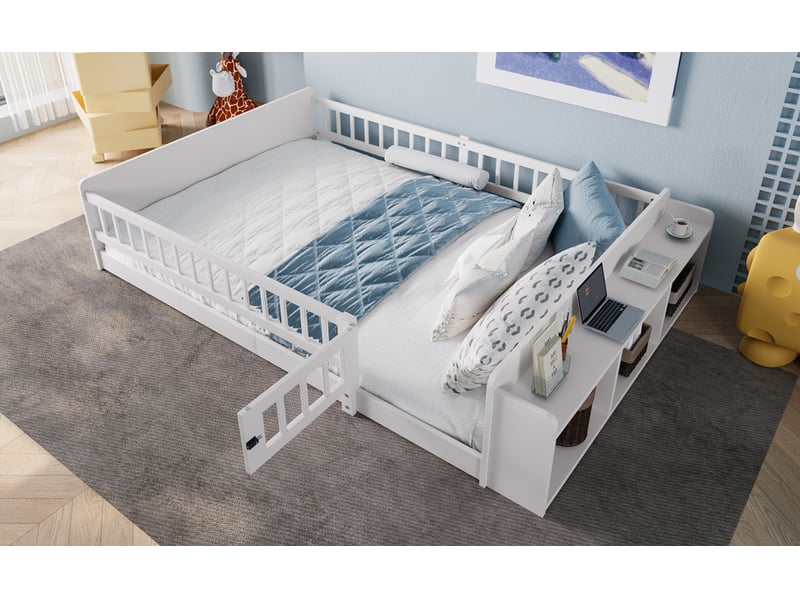  Lit enfant 140x200 cm pin massif blanc avec étagères et rangements sans matelas  - Conforama B