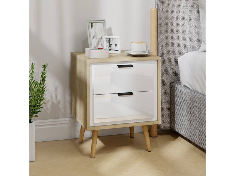  Table de chevet | table d'appoint étroite 2 tiroirs silencieux et pieds en bois massif,40 x 35 x 50 cm,blanc brillant  - Conforama D