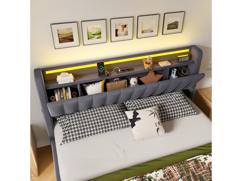 Lit rembourré ulevr 180 x 200 cm avec rangement intégré, port usb et éclairage d’ambiance, velours gris foncé - Conforama E