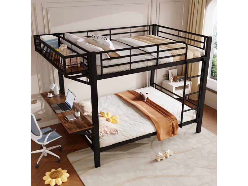 Lit superposé 4 places 140 x 200 cm avec bureau et rangement ouvert montables à gauche ou à droite, lit double en métal noir avec garde-corps - Conforama C