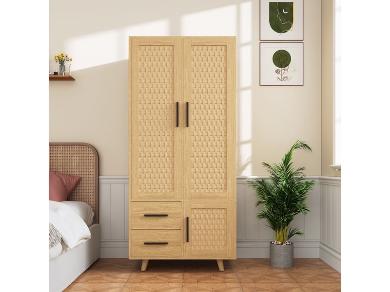  Armoire de chambre - penderie-80x52x176cm - 2 portes 2 tiroirs - scandinave bohème - bois effet rotin - chêne naturel et noir  - Conforama B