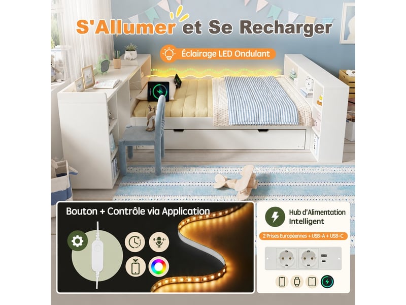 Lit gigogne 140 x 190 cm avec lit d’appoint 90 x 190 cm, led, blanc - Conforama E