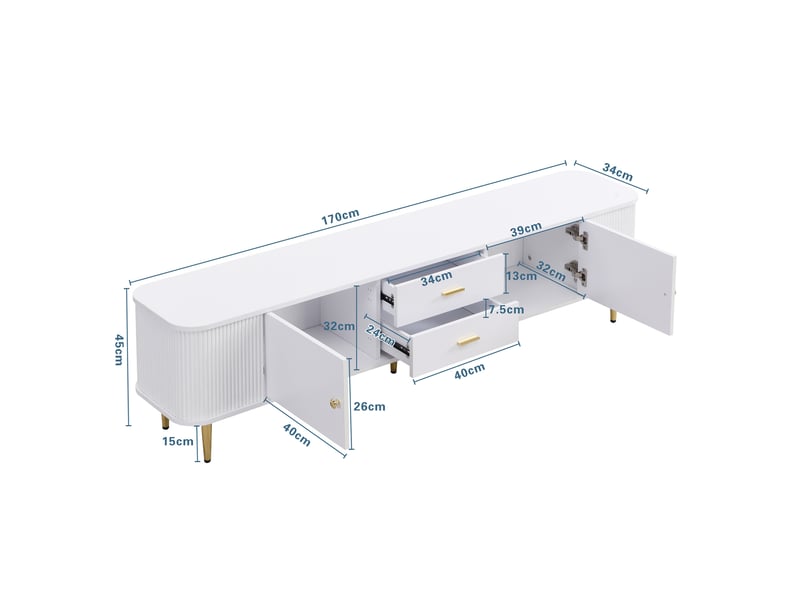 Meuble tv modenvie 170 x 34 x 45 cm mdf blanc détails dorés 2 tiroirs 2 portes - Conforama C