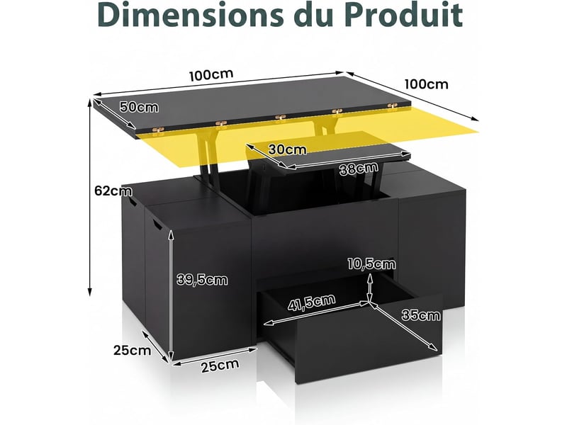 Table basse relevable avec 4 tabourets de rangement, compartiment caché, 1 tiroir, table de café moderne avec plateau relevable, charge 75 kg (noir) - Conforama D