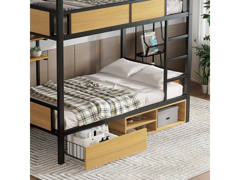  Lit superposé enfant 90x200cm en métal et mdf noir et naturel avec étagères, rangement et rideau  - Conforama D