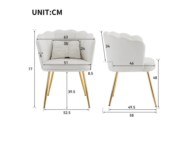  Chaise rembourrée à dossier pétale avec coussins de soutien et pieds métalliques dorés en velours beige  - Conforama D