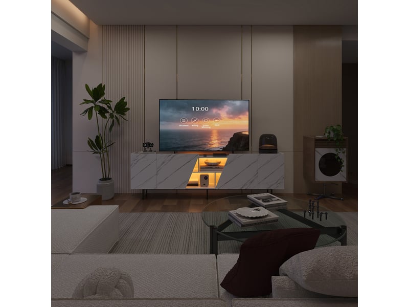  Meuble tv - 220 x 34.5 x 67.7 cm-blanc et marbre - avec portes biseautées et éclairage led - meuble de salon design  - Conforama E