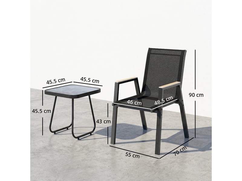  Ensemble de jardin 3 pièces comprenant 2 chaises respirantes et une table carrée, en métal, dpc et textilène noir  - Conforama E