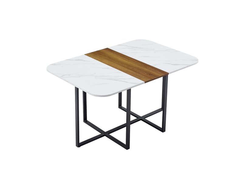  Table de salle à manger pour 4 à 6 personnes avec piètement croisé en métal, plateau mdf effet marbre et bois noir  - Conforama A