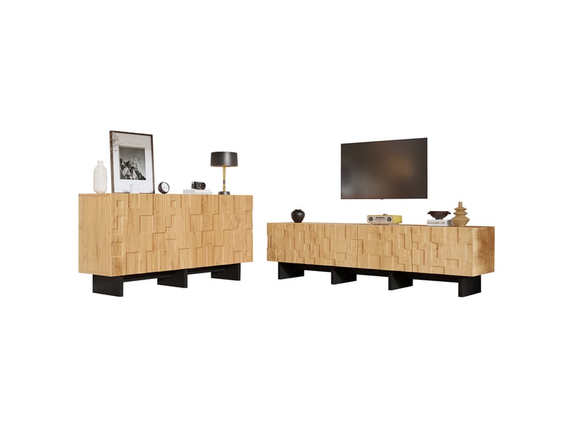  Ensemble meuble tv et buffet en mdf, décor bois clair et accents noirs, portes à ouverture par pression  - Conforama A