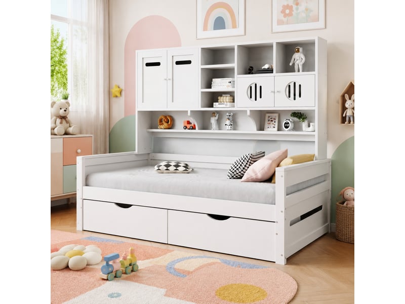 Lit banquette simple 90×200 cm rangement, 2 tiroirs et étagères  - sans matelas, bois - blanc  - Conforama C