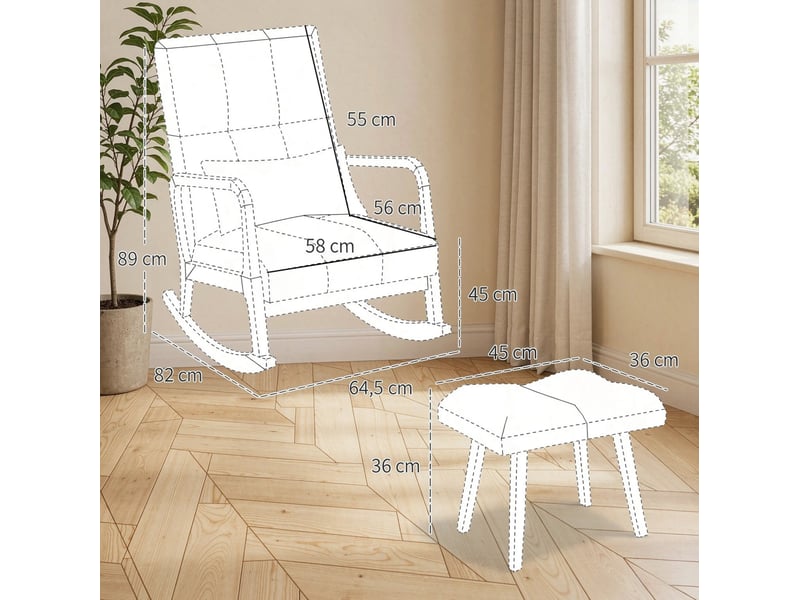  Fauteuil à bascule avec pouf en tissu bouclette blanc et pieds en bois  - Conforama E
