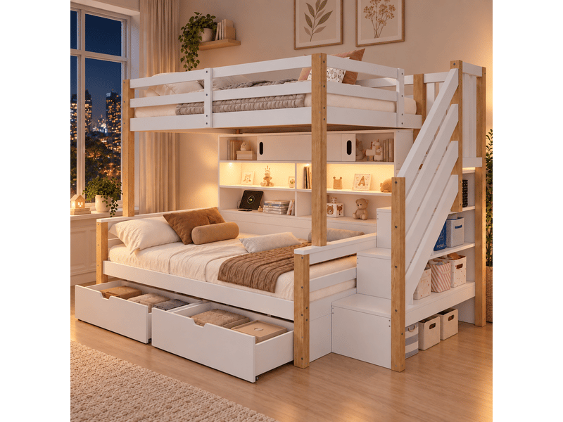  Lit superposé 2 places 90 x 200 cm avec led, usbtype-c et escalier de rangement, lit enfant en pin blanc naturel avec portes coulissantes  - Conforama B
